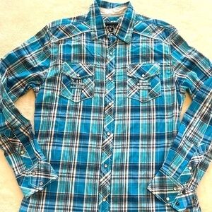 Buckle Black Sz M Athletic fit Turquoise Plaid Pearl Snap Button Up Shirt  NWOT